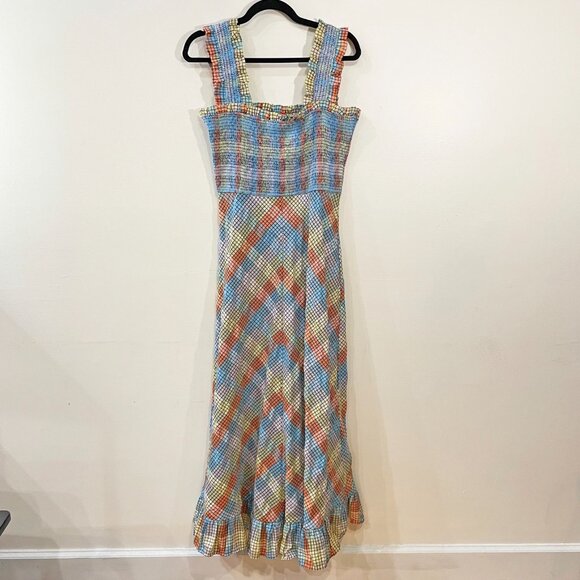 New Ganni Smocked Plaid Seersucker Maxi Dress 40, 8, M $285 - Picture 5 of 10